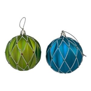 Pair Green & Blue Caged Decorative Ball Ornaments Christmas Holiday Decor